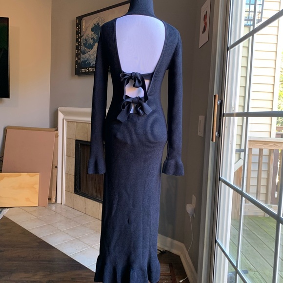 Ganni Open-Back Ruffled Rib-Knit Midi Dress dark navy sz medium NWT - Picture 10 of 16